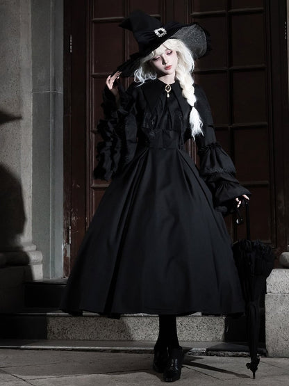 Lolita Bell Pointed Clearance-Size Long M Bust 90CM Gothic Witchy Sleeves Dress Collar Black for