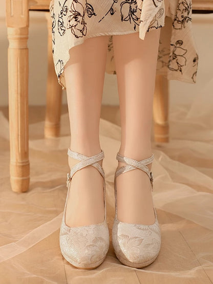 Qi Lolita Mid-Heel Crisscross Floral Beige Mart Design Pattern Janes - Satin