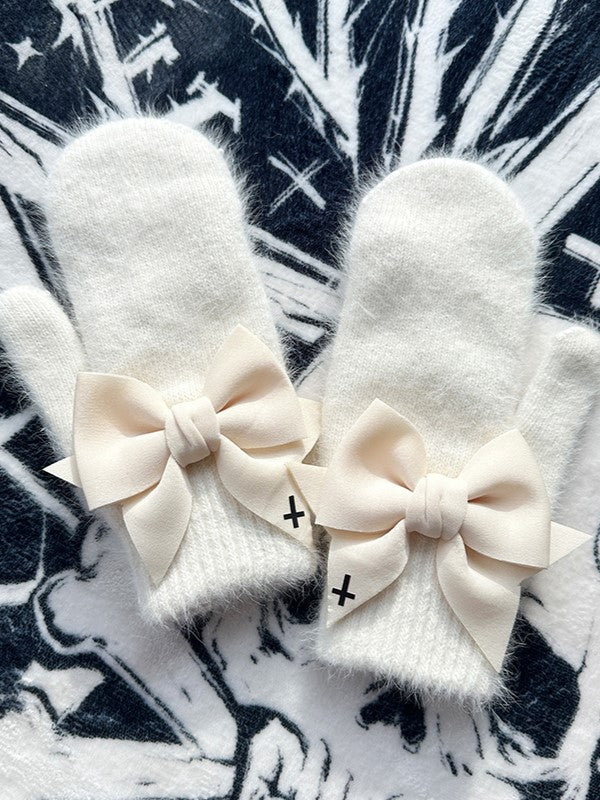 Schwarzer Print Gothic mit Bowknot Details Handschuhe Weiß Vollfinger Kreuz