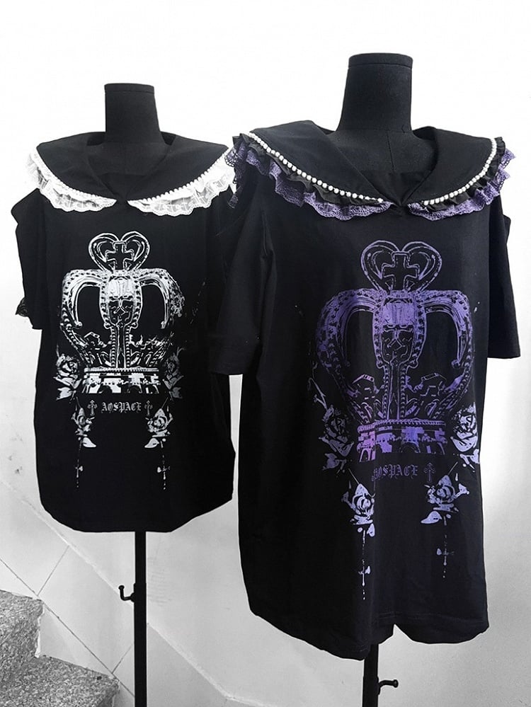 with Purple Crown White and Print Shoulders - Cutout / T-Shirt Collar Black Beaded Sailor