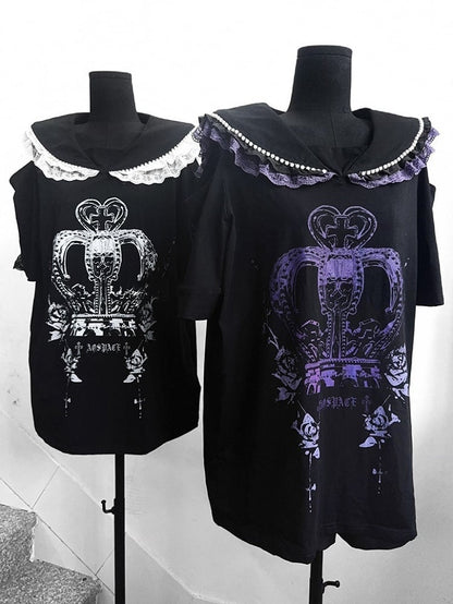with Purple Crown White and Print Shoulders - Cutout / T-Shirt Collar Black Beaded Sailor