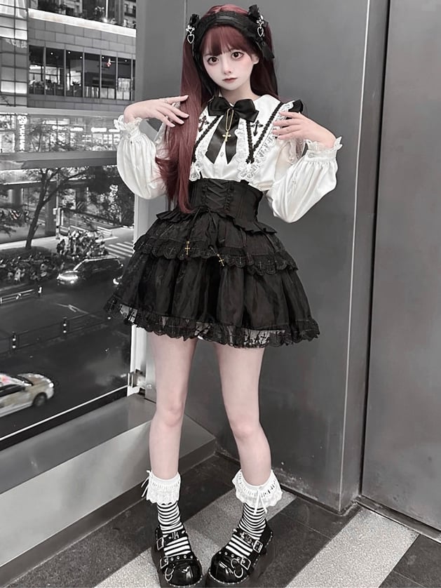 Jirai Kei – Schwarzes Tüllrock-Overallkleid mit Schnürung und hoher Taille, Landmine