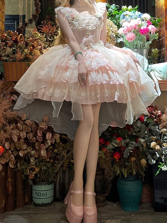 Stoff Jacquard Rock Tiered Lolita Kleid Jumper Balletcore Sweet Rosette Pink Akzente