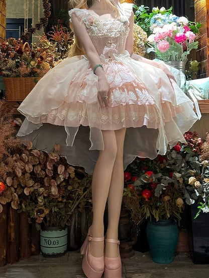 Stoff Jacquard Rock Tiered Lolita Kleid Jumper Balletcore Sweet Rosette Pink Akzente