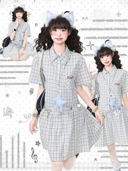 Preppy Gray Plaid Polo Neck Short Sleeve Dress - Languid Park