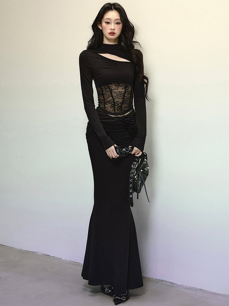 Black Lace Patchwork Cutout Detail Slim Fit Top