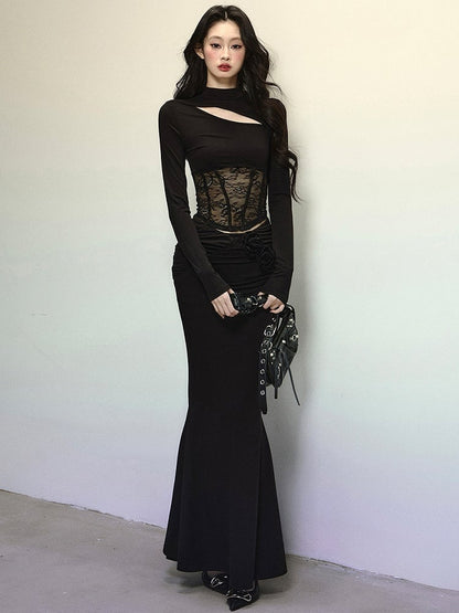 Black Lace Patchwork Cutout Detail Slim Fit Top