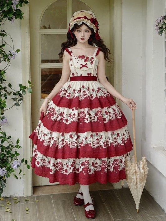 Classic Rose Tiered Floral Lolita Teapot Skirt Print Red and Jumper Dress