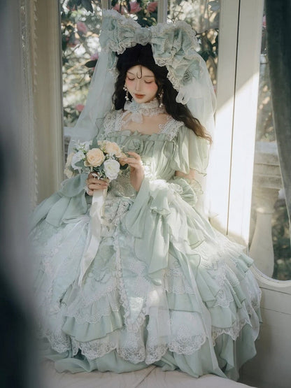 Hanayome Short Lolita Flowing Accents Dress Green Layered Version JSK Ruffles with Light Rose