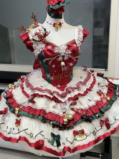 Red & Green Christmas Lolita Balletcore Snowflake Dress with Bells - Elsa's Magic Castle