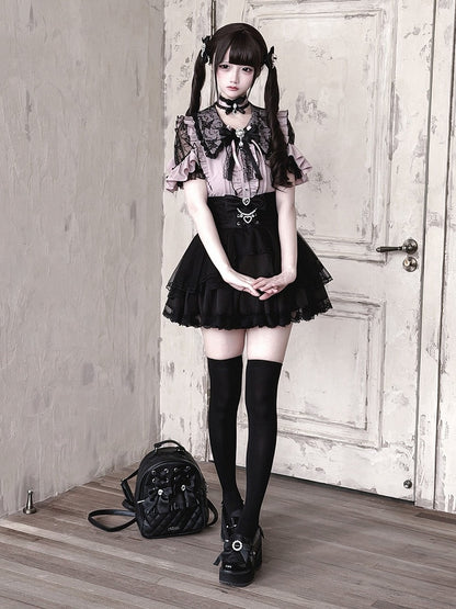 Jirai Kei Black & Pink Lace Cutout Shoulder Short Sleeve Ruffle Blouse - Ekomi