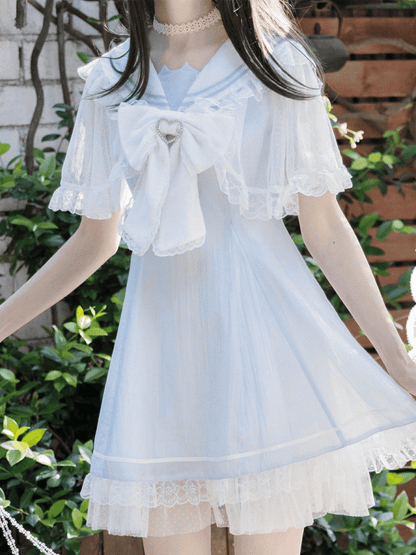 with Cape Light Blue Jirai Kei Sailor Collar Lace Dress Design Bowtie