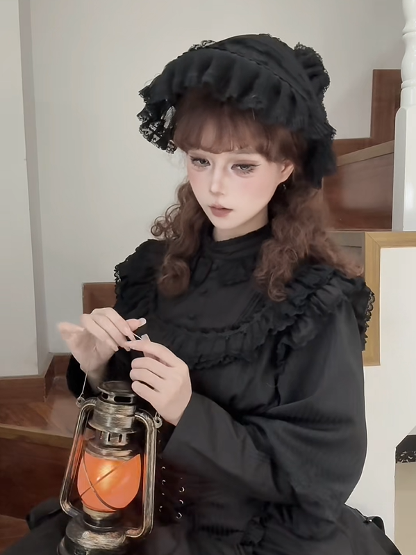 Black and Beige Lace Trim Lolita Bonnet by Bunny Magic Forest
