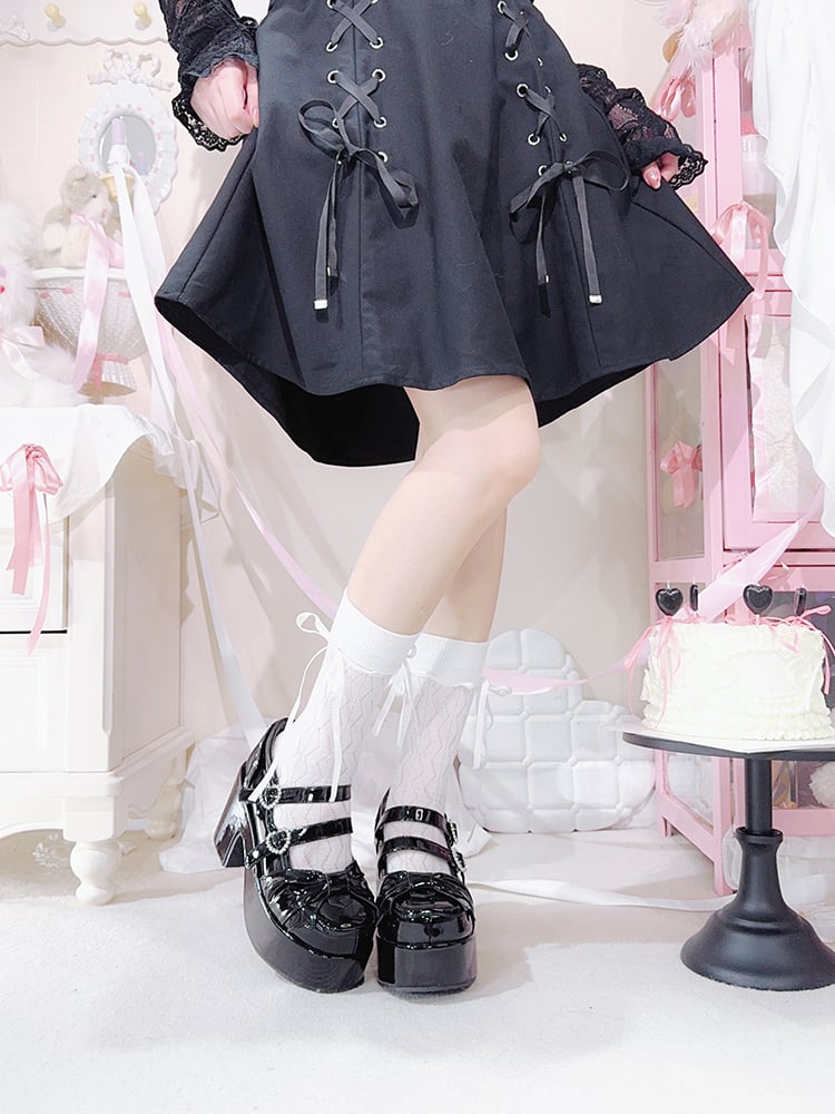 Polished Black Bow at Top Rhinestone Buckles Platform Mary Jane Shoes