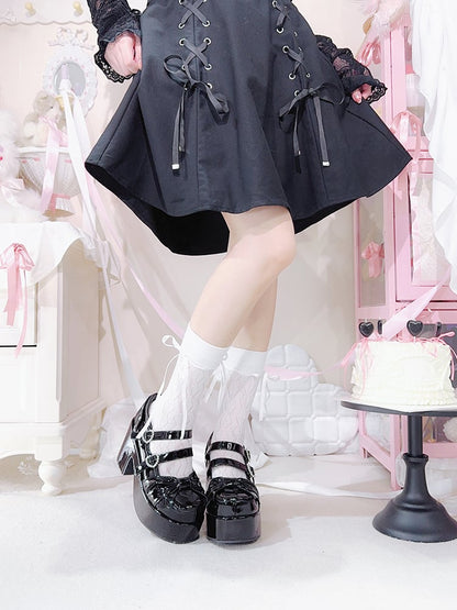 Polished Black Bow at Top Rhinestone Buckles Platform Mary Jane Shoes