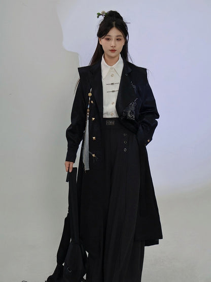 Black Trench Coat with Dragon Embroidery, Mandarin Collar & Detachable Tassel Trim - Feng Hua Gui Guo Ling