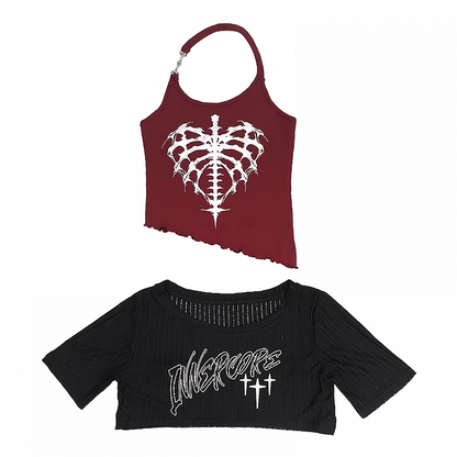 Coverup Rotes Neckholder-Y2K-Top mit schwarzem Grafik-Tank-Top im Set