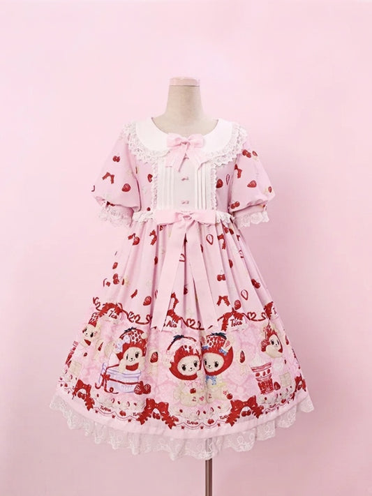 Country Pink Chiffon Cottagecore Lolita Kleid Erdbeer- und Bärendruck Sweet OP