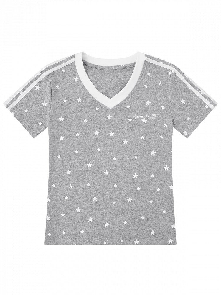 Gray Star Print V-Neck Tee with Wing Back Design - Languid Park