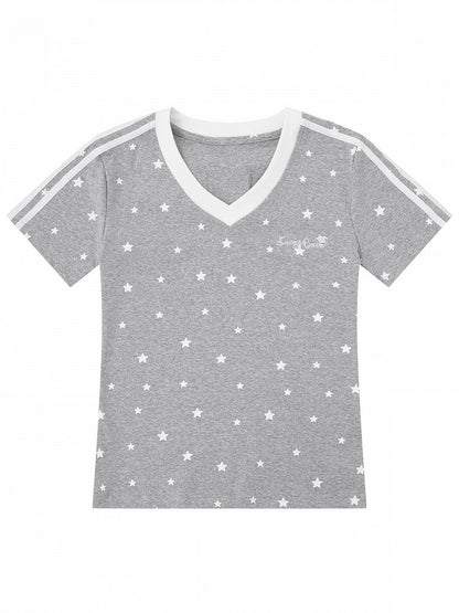 Gray Star Print V-Neck Tee with Wing Back Design - Languid Park