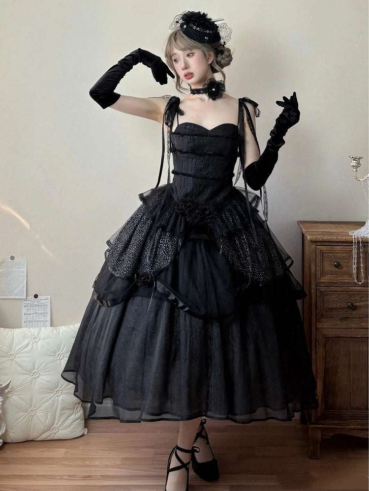 Schwarzes Spaghetti Lolita Kleid mit geschichteten Trägern, elegant, schimmernd