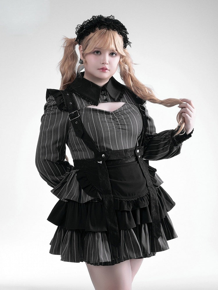 Black Gray Jirai Kei Striped Collared Tiered Ruffle Dress Set - Fluffy Heart