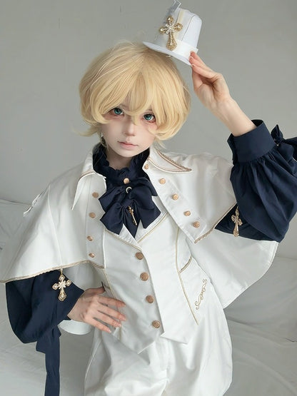 Prince Style White Lolita Cape Featuring Cross & Button Embellishments - Castle Too