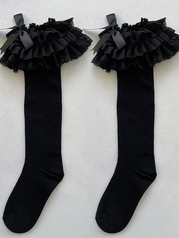 Multi-Layer Ruffle Bow Lolita Colors Lace 3 Socks Calf