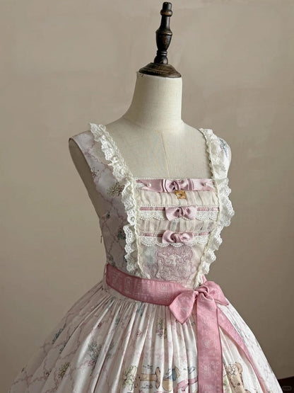 Sweet Lolita JSK Dress Set in Pink with Kawaii Bear Print and Self-Tie Belt - Treasure House