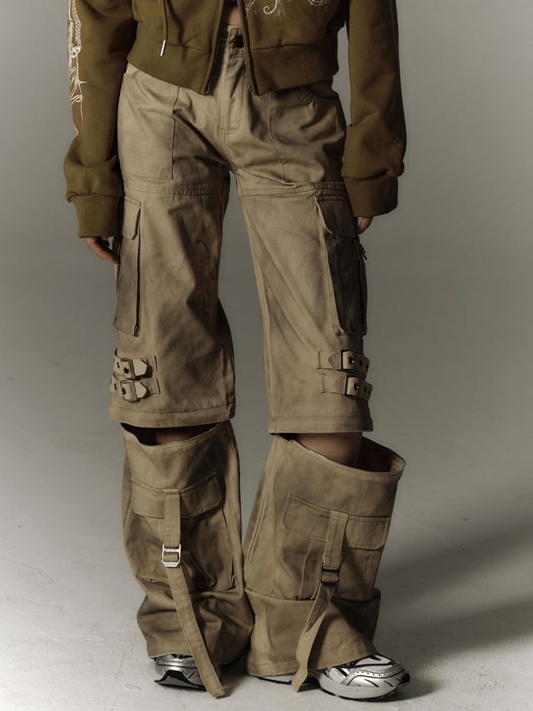 Punk Convertible Cargo Washed Capris Multi-Pockets Fashion Yellow Millard Pants with