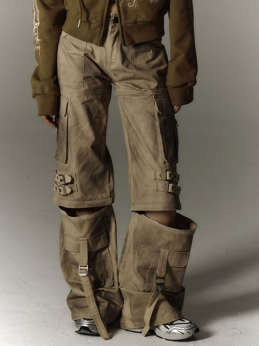 Punk Convertible Cargo Washed Capris Multi-Pockets Fashion Yellow Millard Pants with