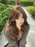 Wavy Brown Curtain Bangs Wig 60CM Long | Hui Ran
