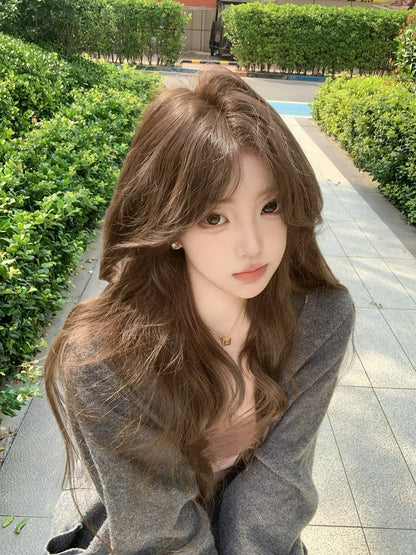 Wavy Brown Curtain Bangs Wig 60CM Long | Hui Ran