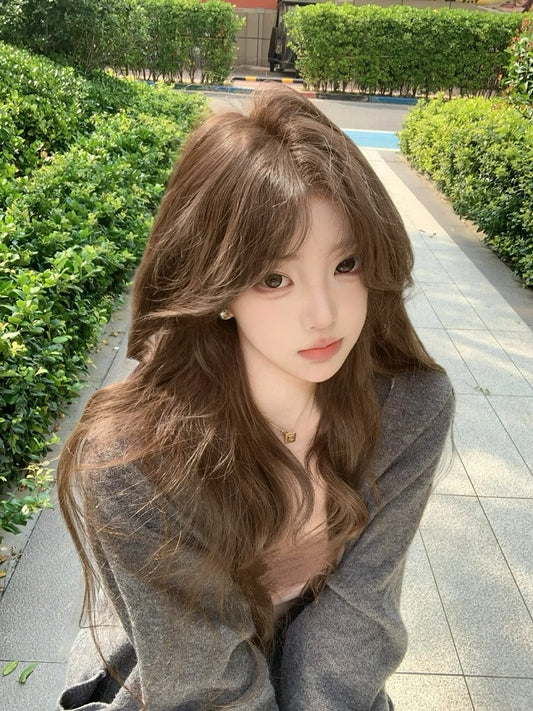 Wavy Brown Curtain Bangs Wig 60CM Long | Hui Ran