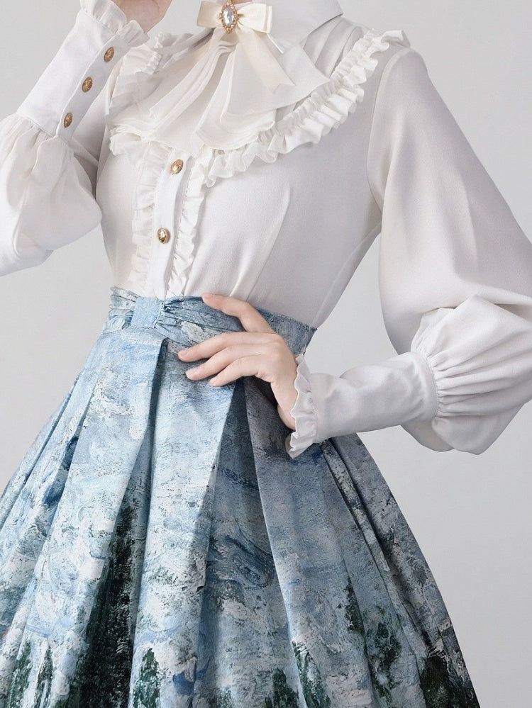 White Long Sleeve Flounce Hem Elegant Lolita Blouse with Puff Sleeves