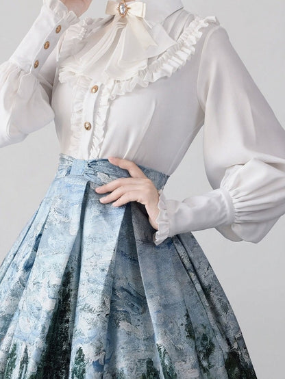 White Long Sleeve Flounce Hem Elegant Lolita Blouse with Puff Sleeves