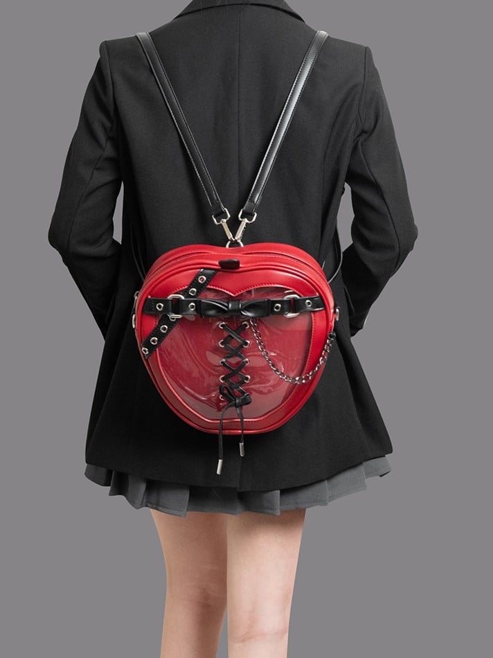 Charming Red Apple-Shaped 2-Way Ita Backpack With Black Belt And Bow Accents Small
