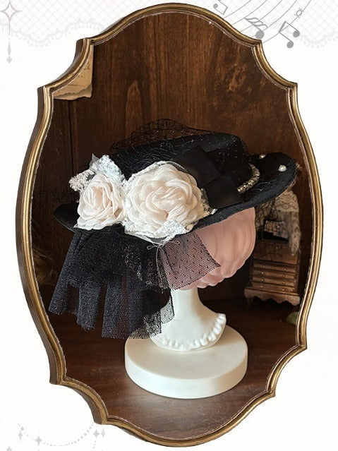 Black Rose Mini Hat with Pearls - Sweetheart Macaron Lolita