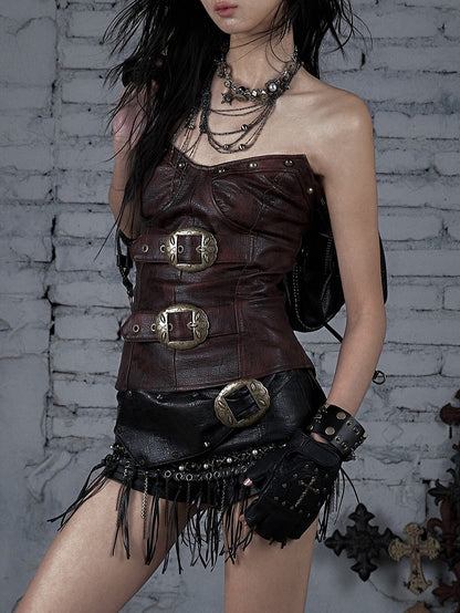 Reddish Brown PU with Heart-Shaped Buckle Design Bustier Top