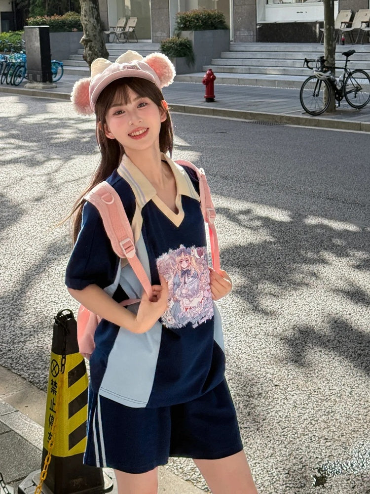 Version Navy Blue Colorblock Design V-neck Anime Girl Print T-shirt Long/Short