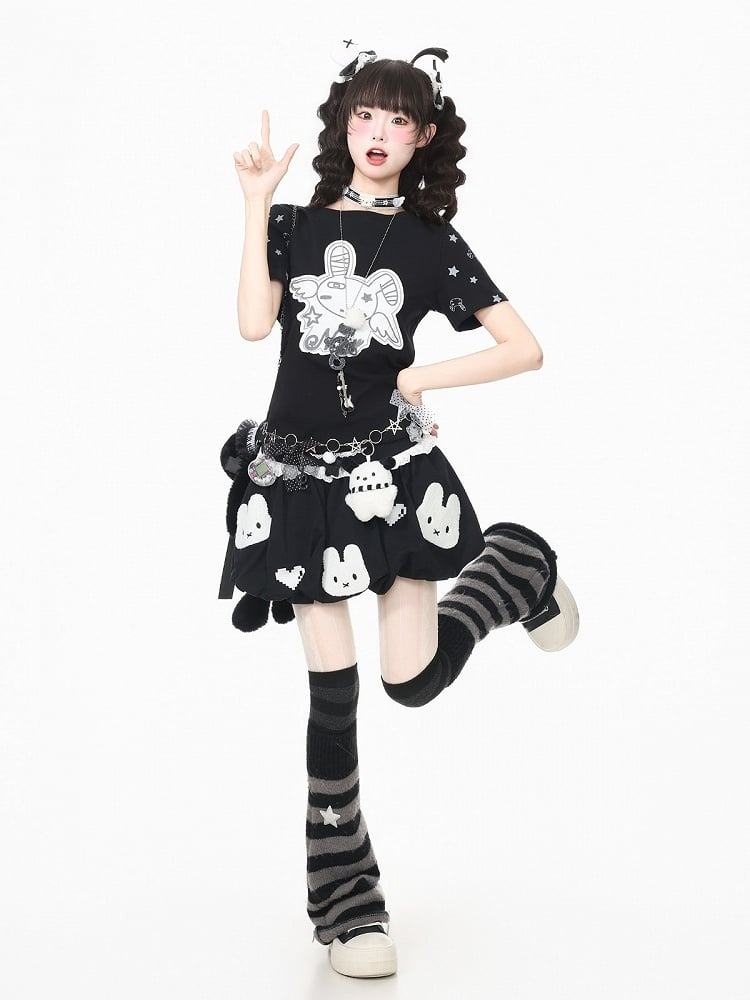 Otaku Style Black Star Tee with Bunny Patch
