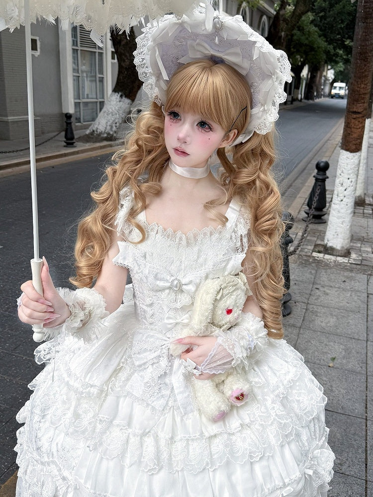 White Hanayome Lolita JSK with Bows & Lace Trim - White Sugar Girl