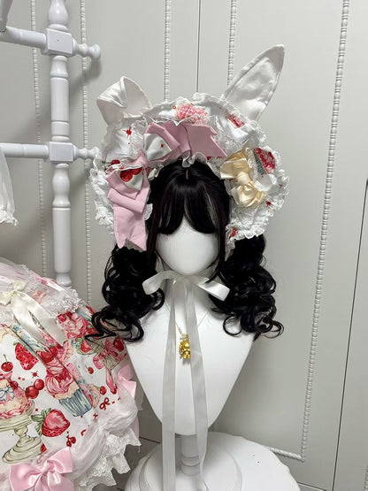 Blaue Haube Ohren Rosa Süßes Gelb Weiß Lolita Bunny /