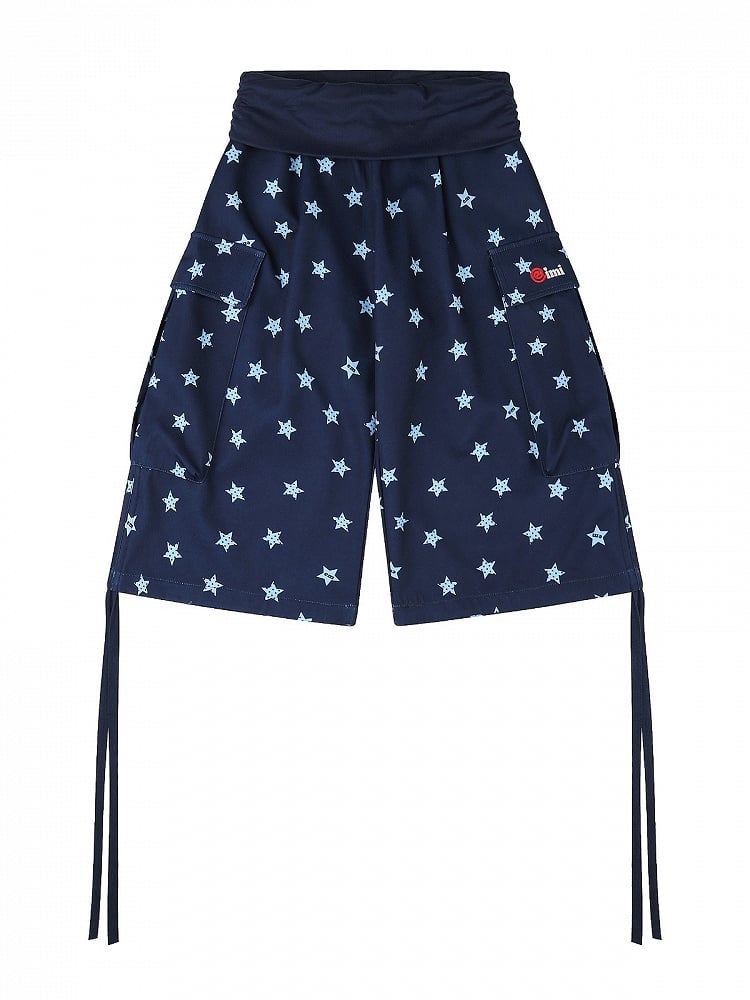 Casual Kawaii Blue Star Print Wide-Leg Cropped Cargo Pants with Drawstring Details