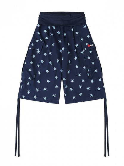 Casual Kawaii Blue Star Print Wide-Leg Cropped Cargo Pants with Drawstring Details
