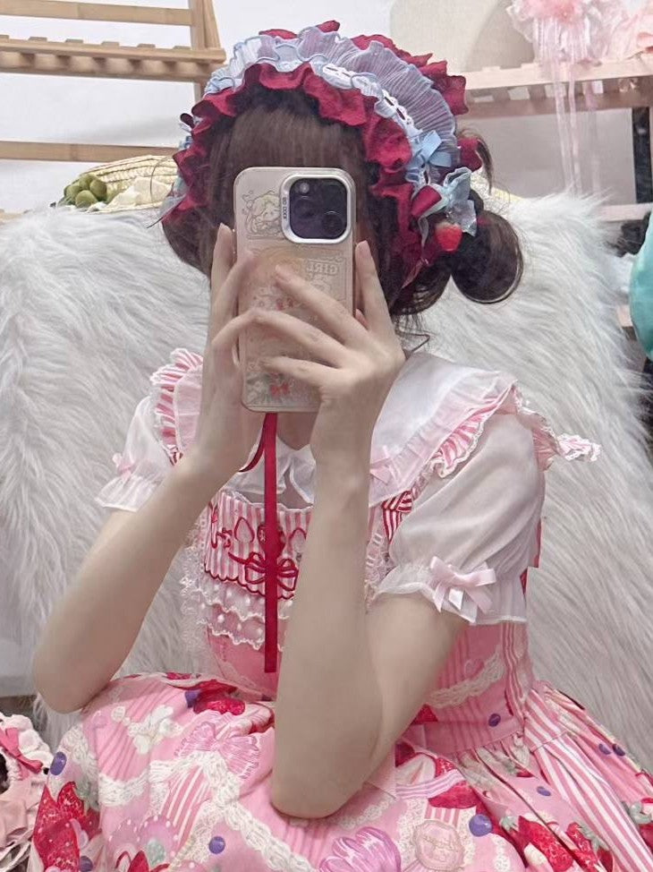 Red Ruffled Sweet Decorations with Strawberry Blue Lolita Hairband