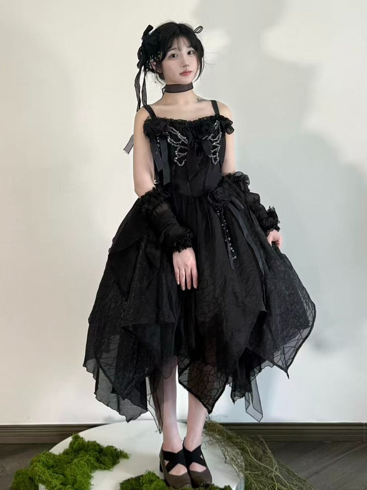 Black Asymmetrical Hem Lolita JSK Gown with Butterfly Rhinestones S-3XL - Sweet Wood Lolita
