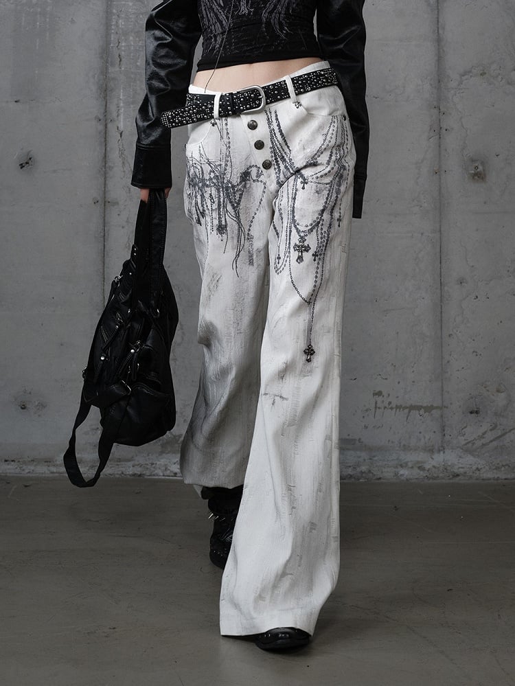 mit Kettennieten Print Punk Cross Hose Button-Up Wide-Leg Fly Weiß