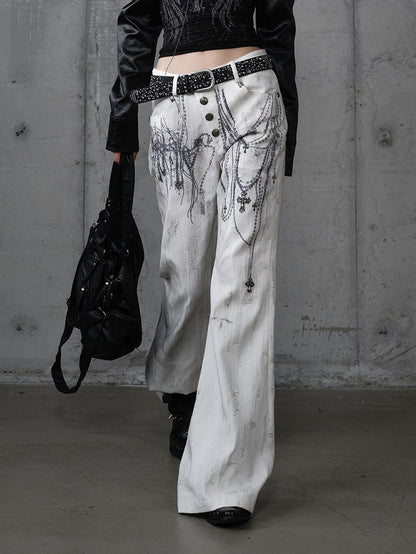 mit Kettennieten Print Punk Cross Hose Button-Up Wide-Leg Fly Weiß