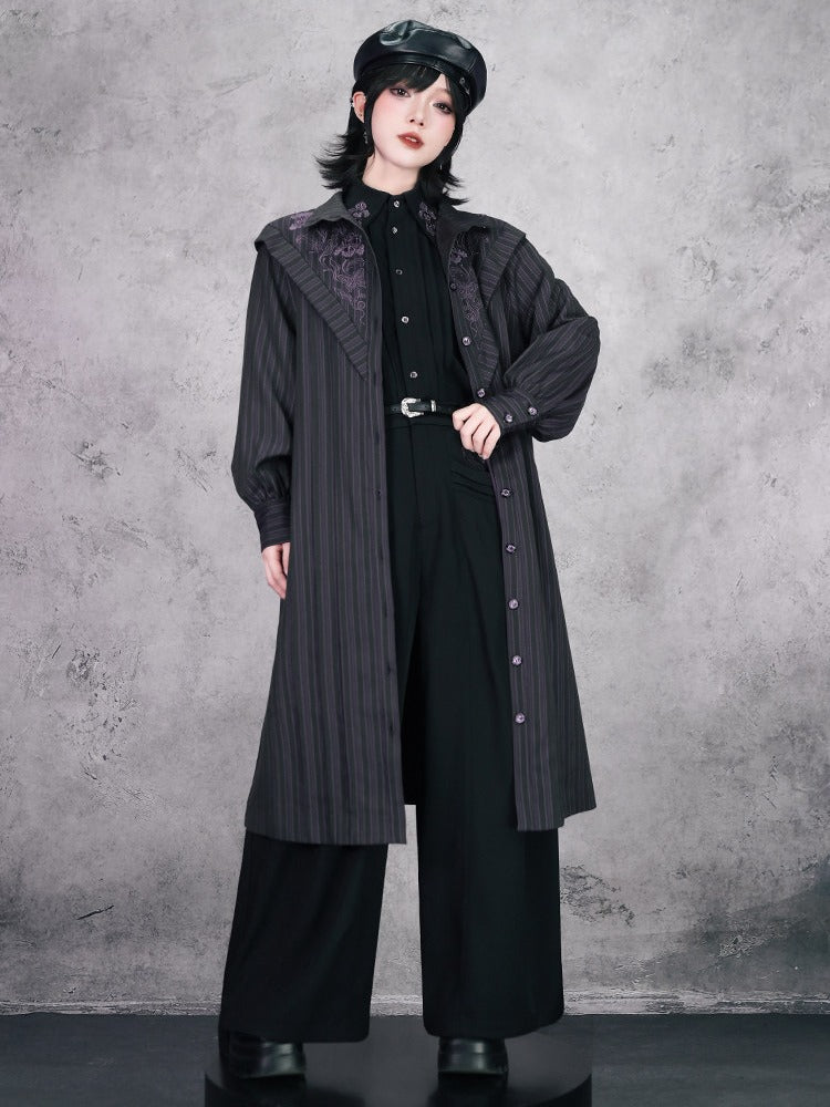 Gothic Straight Leg Trousers Featuring Purple Iris Embroidery in Black - Quirky Hut